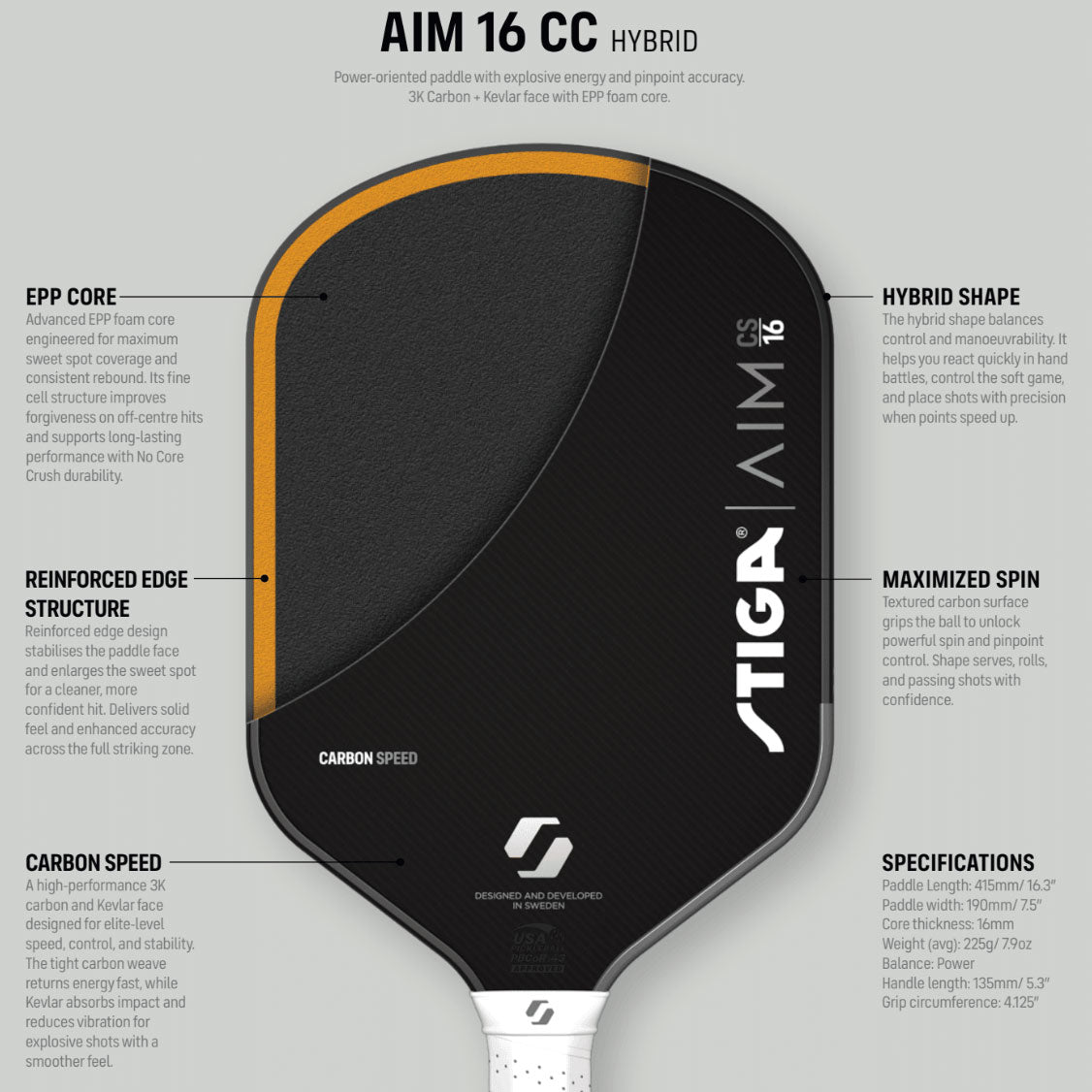 Stiga Pickleball Racket AIM CS 16 Hybrid